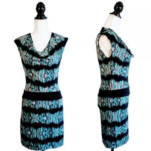 BCBG MAXAZRIA Blusphreco Mini Dress, Blue Black Striped Casual Scoop Neck, XS